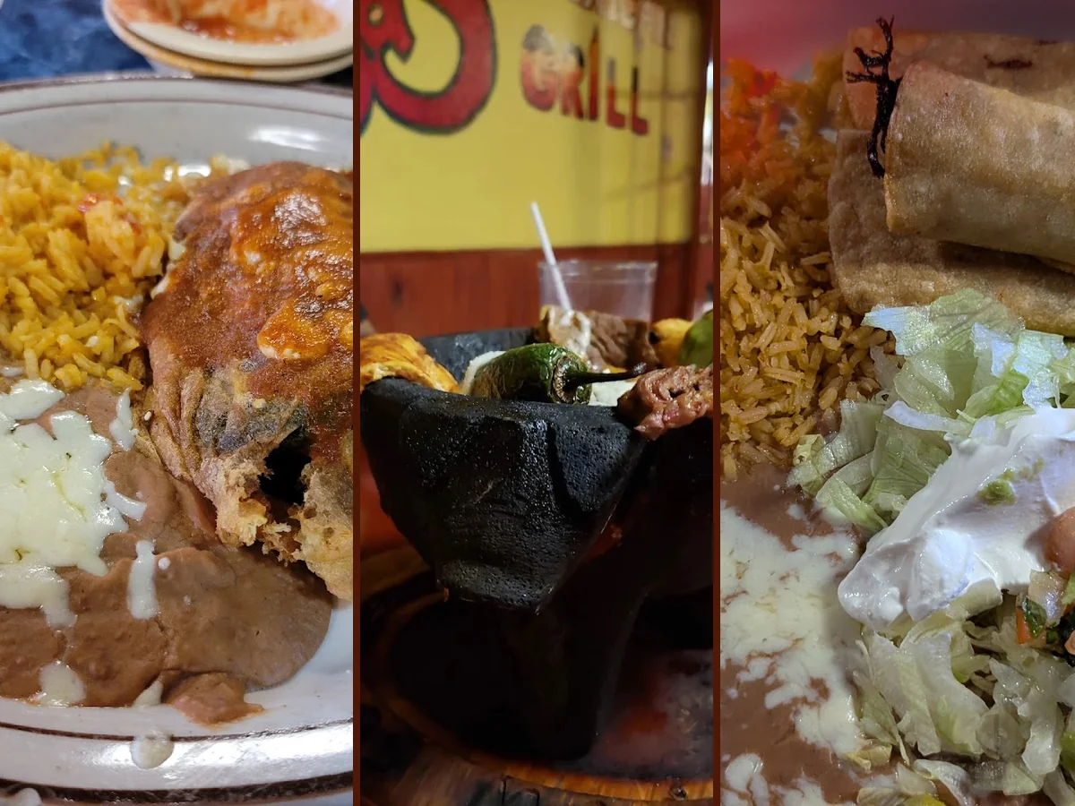 Freshly plated Mexican food in a casual dining room.