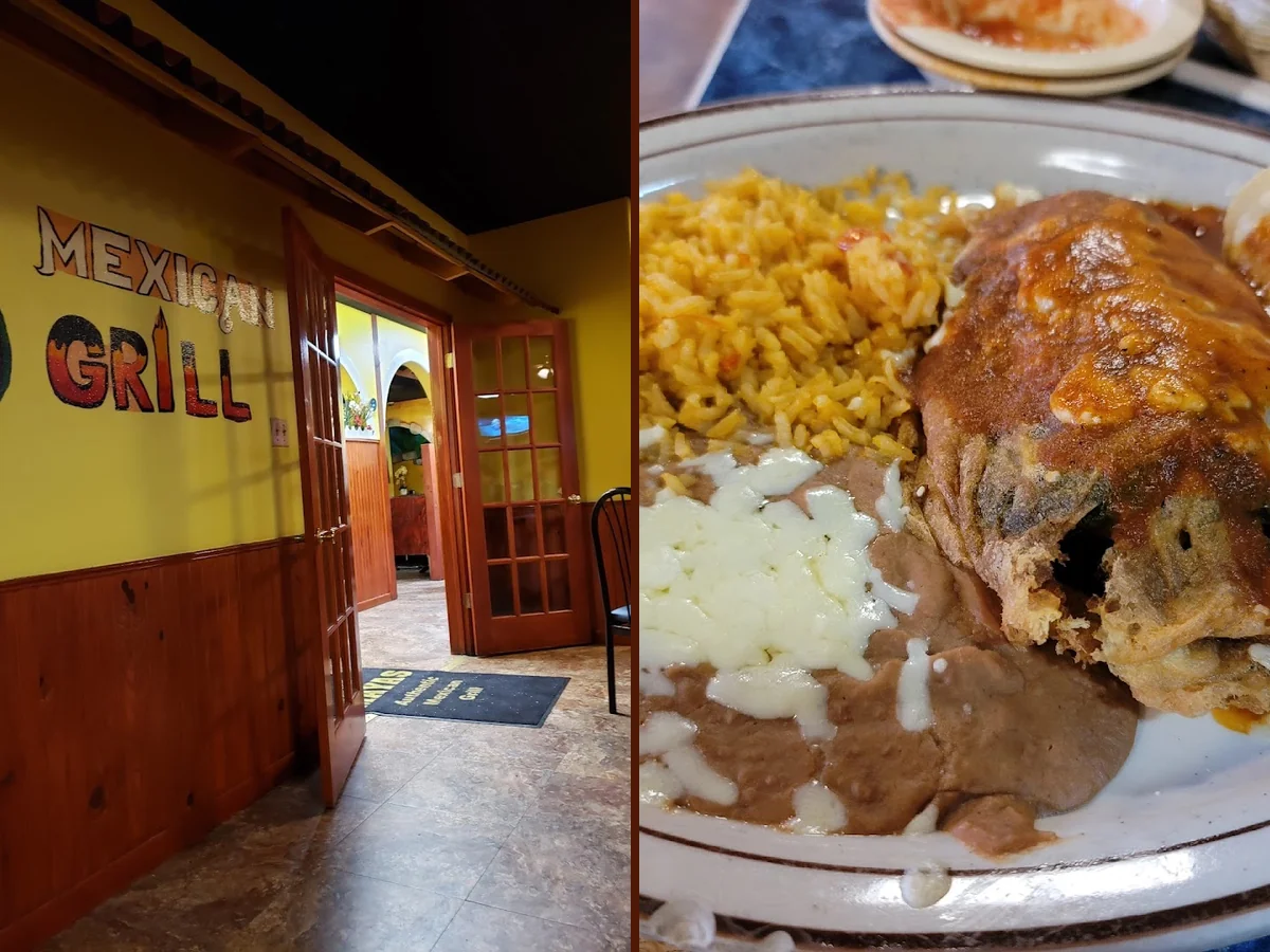 A tray of tacos beside rice and beans.