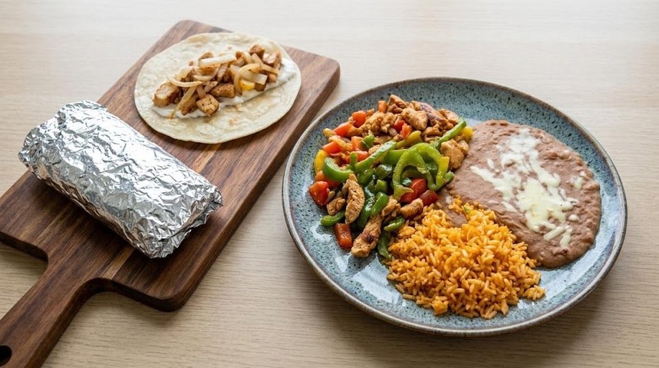 Menu layout showing Mexican entrées and fried seafood.