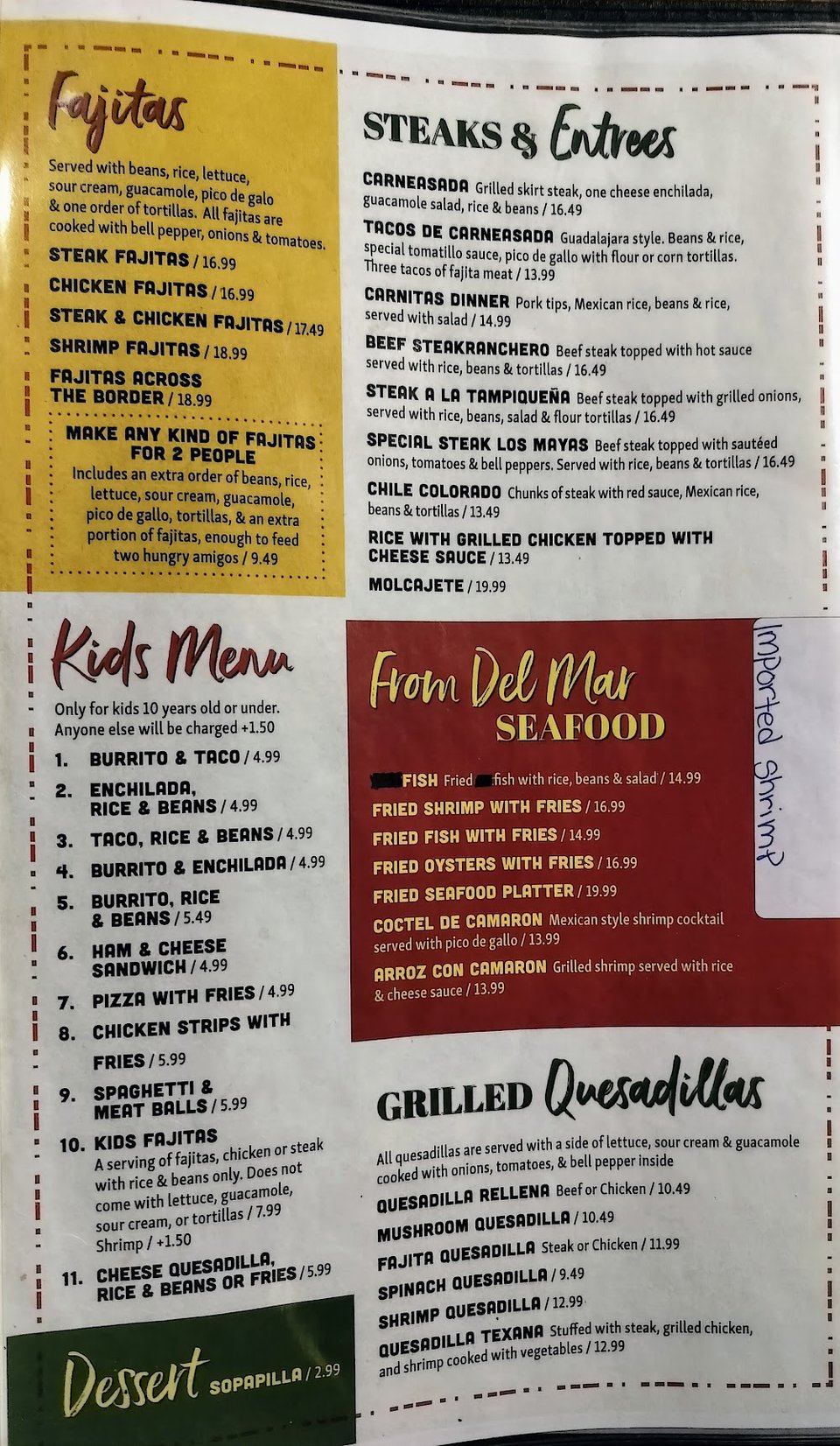 Restaurant menu listing tacos, enchiladas, and shrimp.