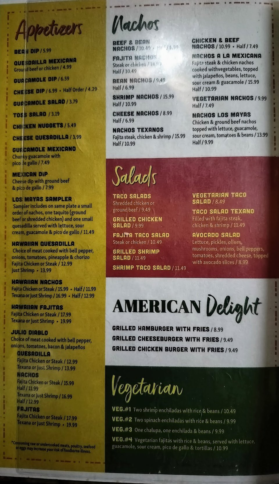 Printed menu page with combo plates and seafood.