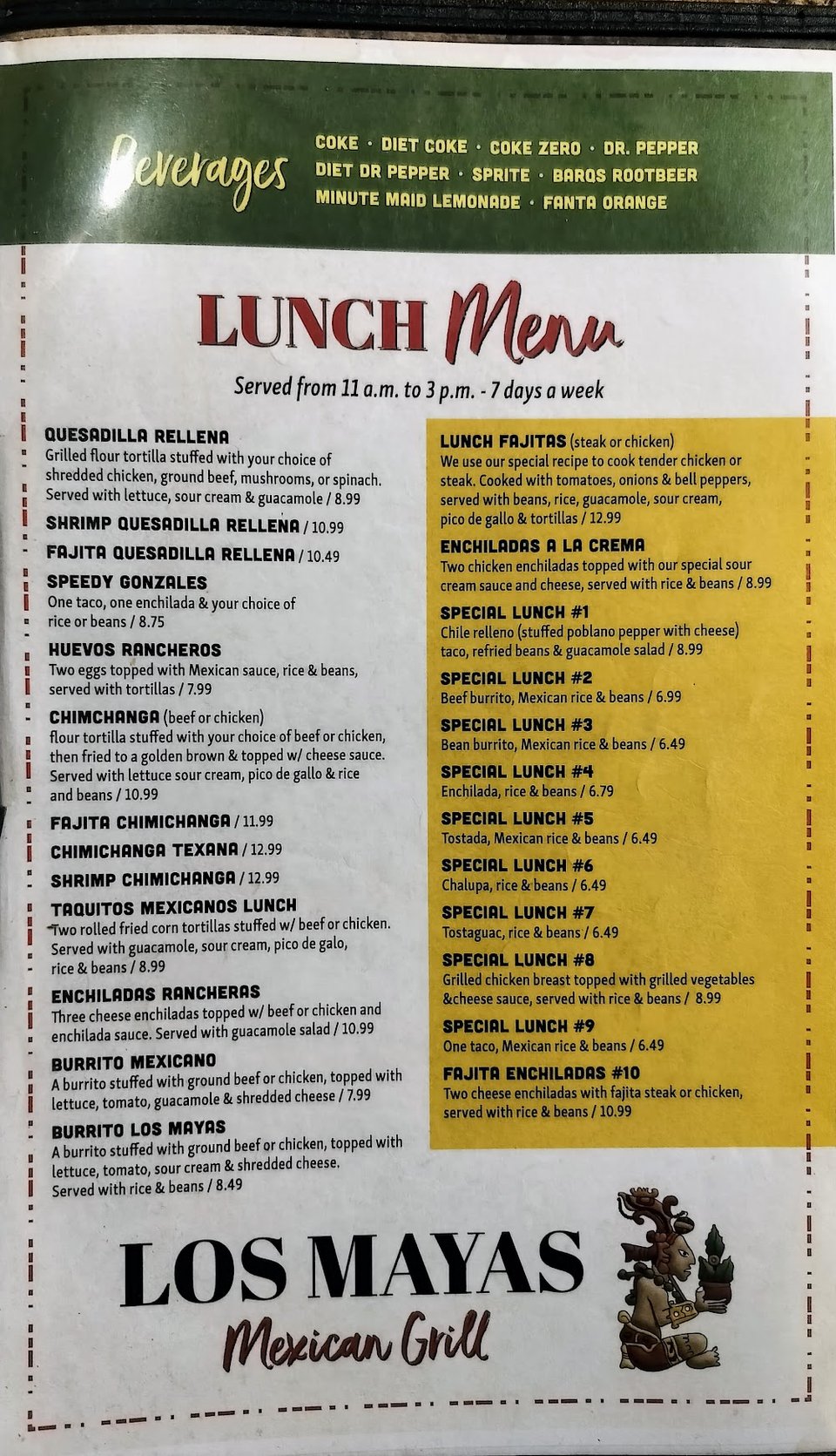Menu layout showing Mexican entrées and fried seafood.